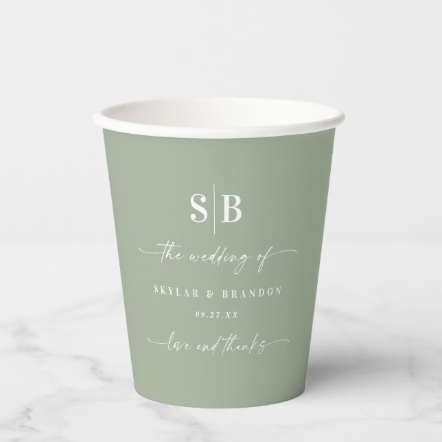 Simple Solid Colour Light Green Wedding Monogram Paper Cups (Front)