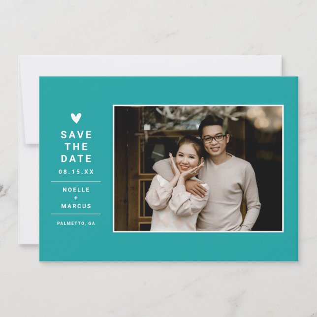 Simple Solid Colour Modern Heart Photo | Aqua Save The Date (Front)