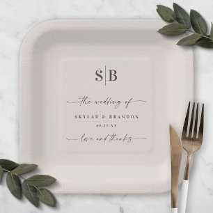 Simple Solid Colour Off-White Ecru Wedding Monogra Paper Plate