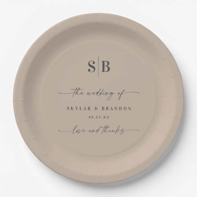 Simple Solid Colour Taupe Beige Monogrammed Weddin Paper Plate (Front)