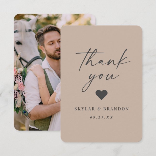 Simple Solid Colour Taupe Beige Photo Wedding Thank You Card (Front/Back)