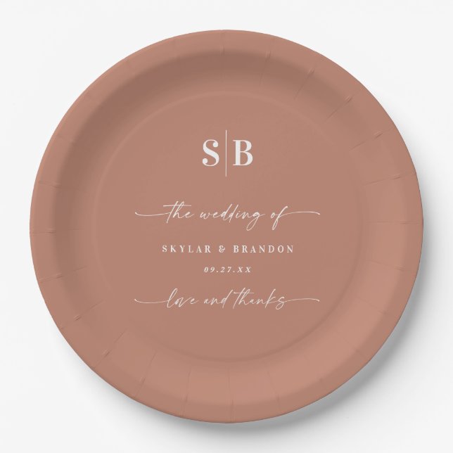 Simple Solid Colour Terracotta Monogrammed Wedding Paper Plate (Front)