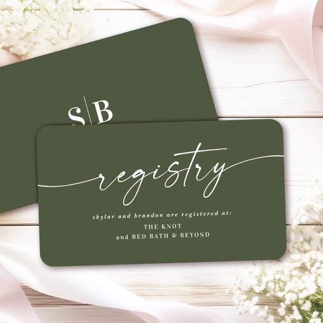 Simple Solid Dark Green Colour Wedding Registry Enclosure Card (Elegant Wedding Registry Cards – Minimalist Monogram & Script Design)