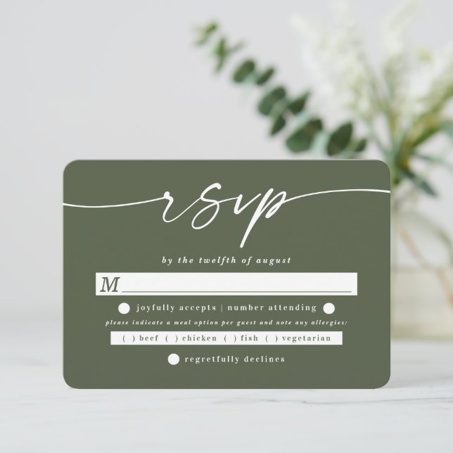 Simple Solid Monstera Green Wedding Meal Choice RSVP Card (Standing Front)