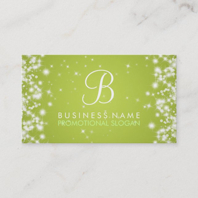 Simple Sparkle Monogram Lime Green Business Card (Front)