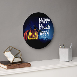 Simple Spooky Family Happy Halloween Pumpkin Large Clock