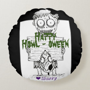 Simple Spooky Halloween Family Happy Howl-oween Round Cushion