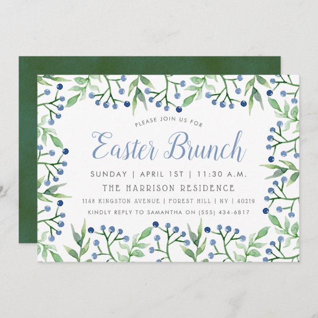 Simple Spring Blueberries Easter Brunch Invitation (Front/Back)