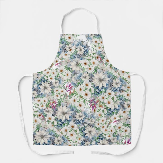 Simple Spring Daisies & Blue Floral Pattern Apron (Front)