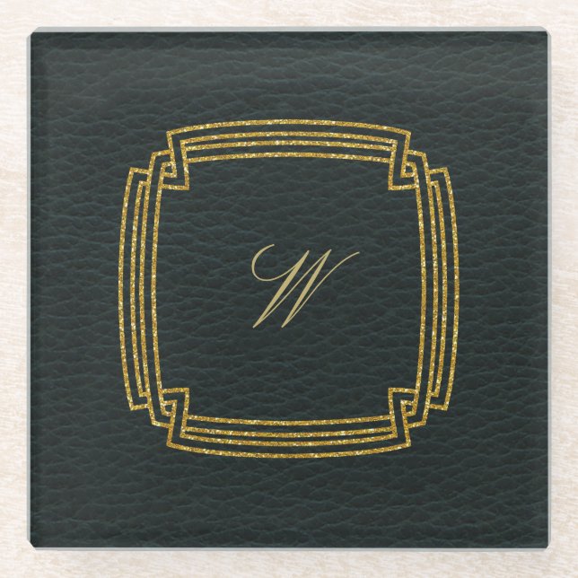 Simple Square Monogram on Dark Leather Glass Coaster (Front)
