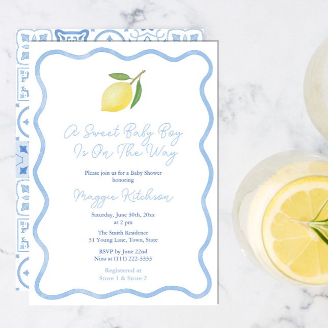 Simple Squiggle Border Lemon Sweet Baby Boy Shower Invitation (Blue And White wavy border baby shower invitation with lemon to welcome a sweet baby boy. )