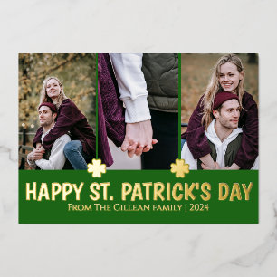 Simple St. patrick's day Shamrocks family 3 photo Foil Holiday Card
