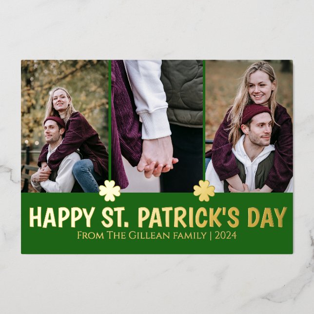Simple St. patrick's day Shamrocks family 3 photo Foil Holiday Card (Front)