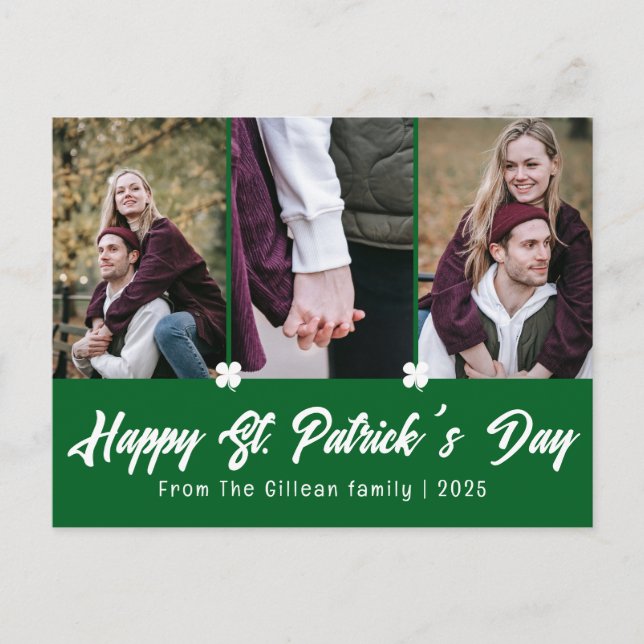 Simple St. patrick's day Shamrocks family 3 photo Holiday Postcard (Front)