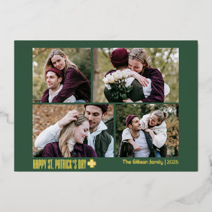 Simple St patricks day Shamrocks family 4 photo Foil Holiday Card