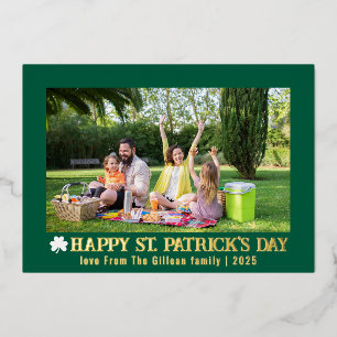 Simple St.patricks day Shamrocks family photo Foil Holiday Card