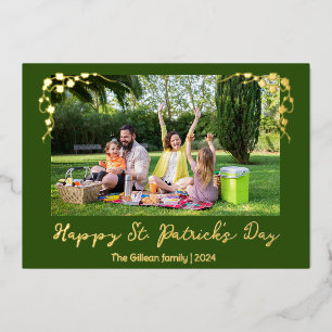 Simple St patricks day Shamrocks family photo Foil Holiday Card