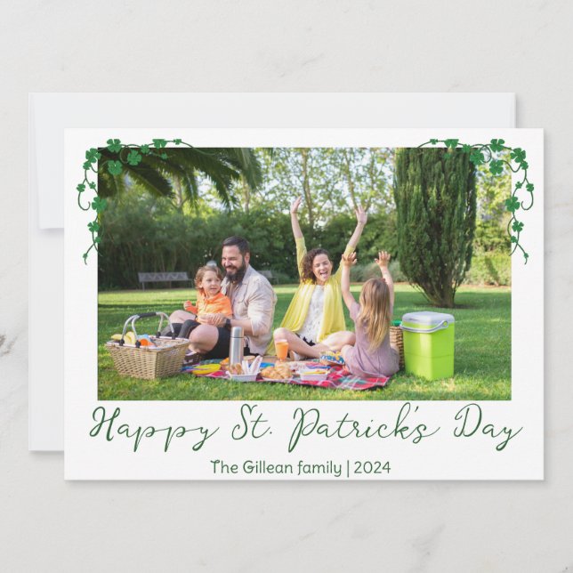 Simple St. patrick's day Shamrocks family photo Holiday Card (Front)