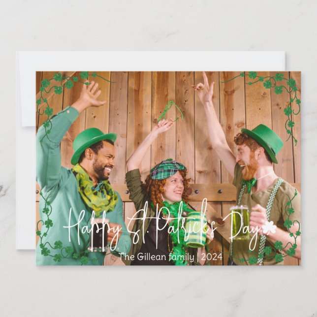 Simple St. patrick's day Shamrocks family photo Holiday Card (Front)