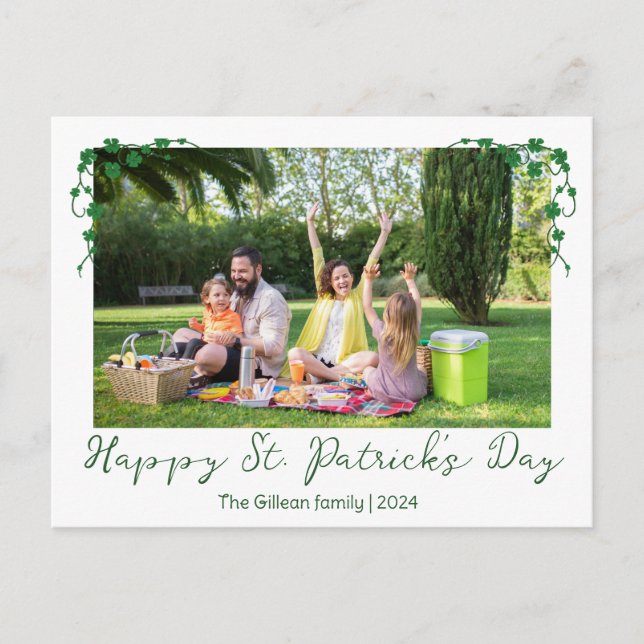 Simple St. patrick's day Shamrocks family photo  Holiday Postcard (Front)