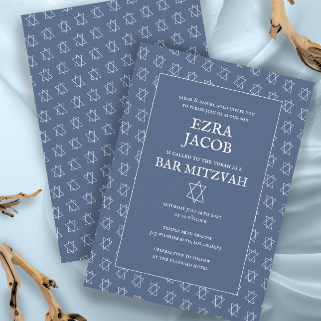 Simple Star of David Custom B'nai Bat Bar Mitzvah  Invitation (Simple Star of David Pattern Minimalist Elegant Custom B'nai Bat Bar Mitzvah Invitation Blue White
)