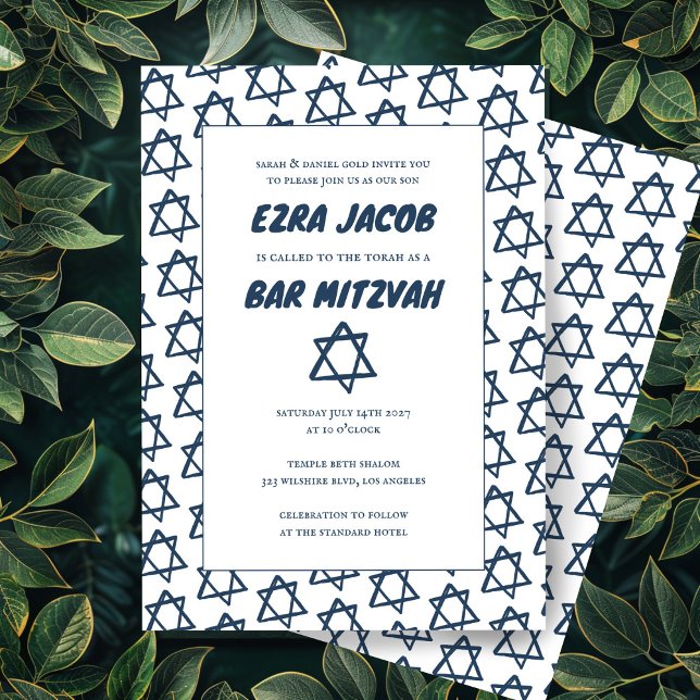 Simple Star of David Custom B'nai Bat Bar Mitzvah  Invitation (Simple Star of David Custom B'nai Bat Bar Mitzvah Invitation
Blue White Minimalist)