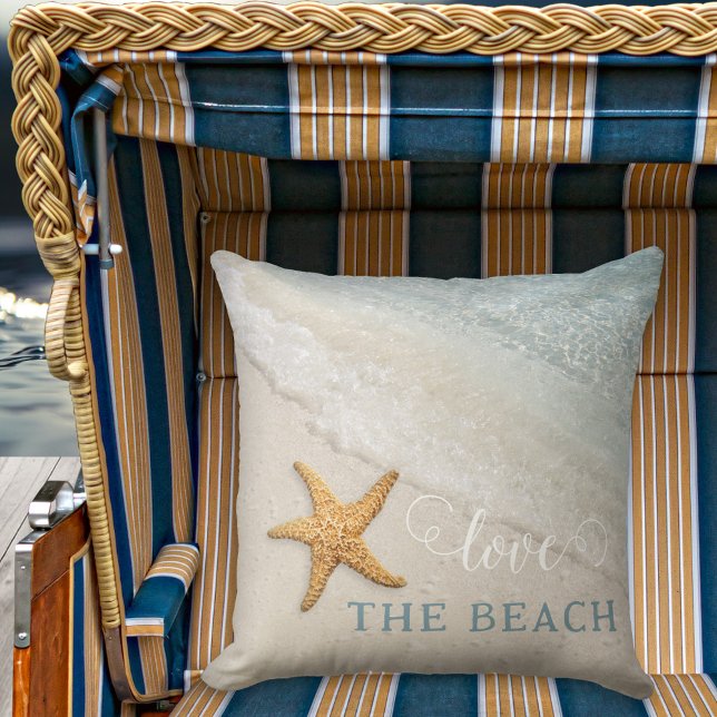 Simple Starfish Waves Beach House Pillow (Simple starfish beach waves coastal nautical pillow with (optional) script text)