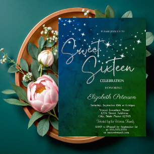 Simple Stars Green Sweet 16  Invitation