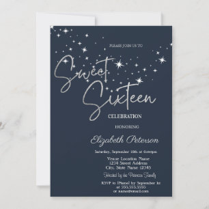 Simple Stars Navy Blue Sweet 16 Invitation