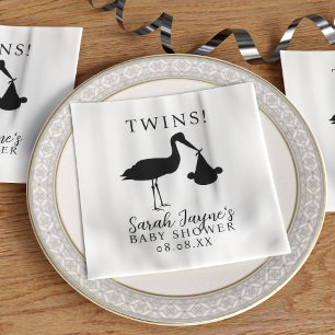 Simple Stork Twins Baby Shower White Napkins