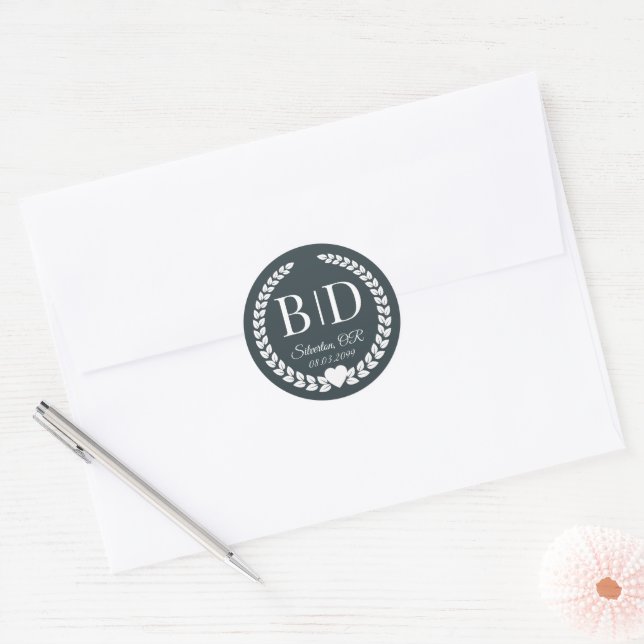 Simple Stormy Dusk Blue Monogram Wedding Classic Round Sticker (Envelope)