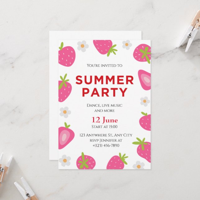  Simple Strawberry Summer Party  Invitation (Front/Back In Situ)