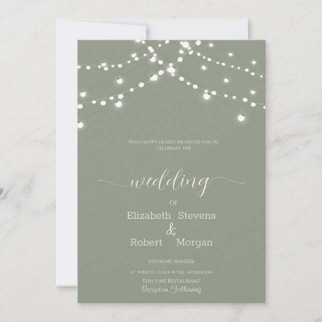 Simple String Lights Sage Green Wedding Invitation (Front)