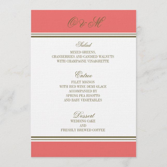 Simple Stripe Coral Wedding Menu (Front)
