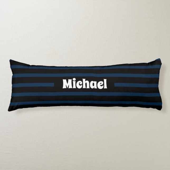 Simple Striped Dark Blue and Black Custom Name Body Cushion (Front)