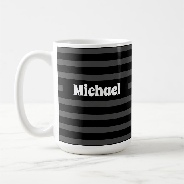 Simple Striped Dark Grey and Black Custom Name Coffee Mug (Left)
