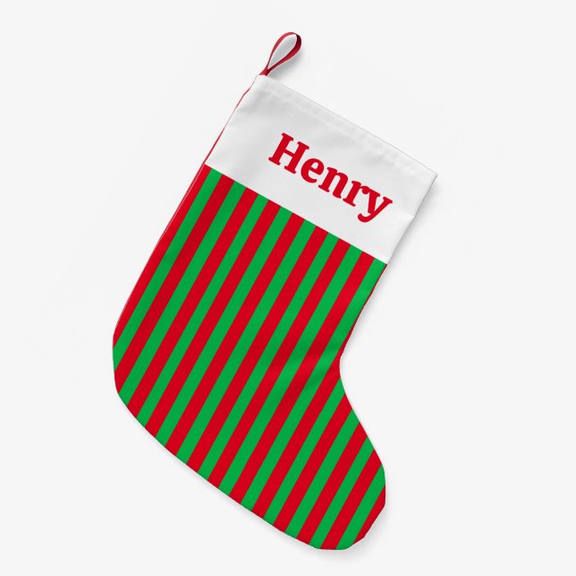 Simple Striped Red and Green Custom Name Small Christmas Stocking (Front (Hanging))
