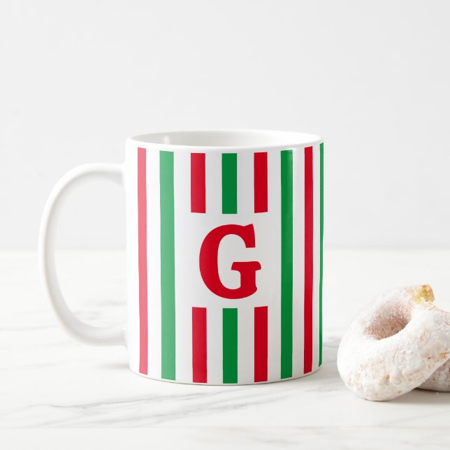 Simple Striped Red and Green Initial Christmas Coffee Mug (With Donut)