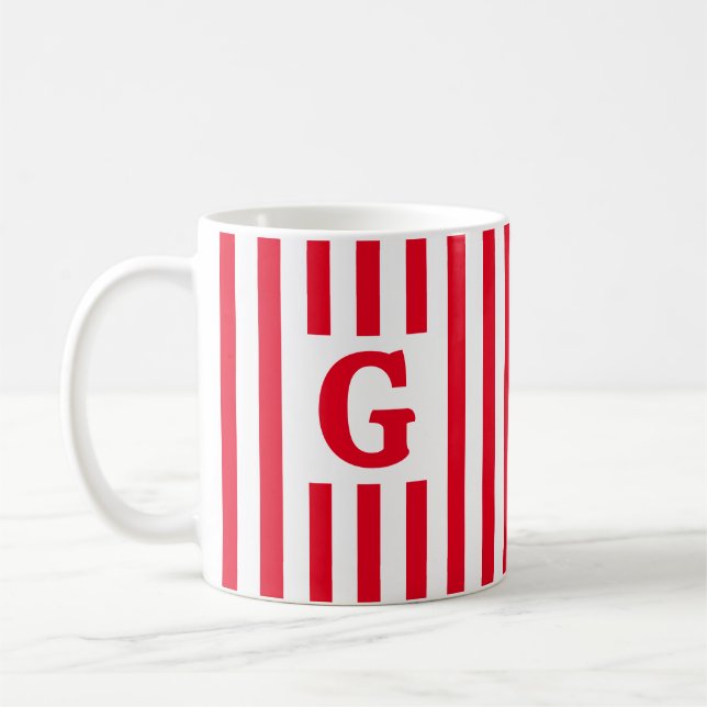 Simple Striped Red and White Initial Christmas Coffee Mug (Left)