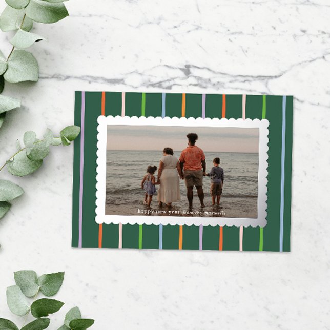 Simple Stripes and Scallops Landscape Photo Foil Holiday Card (cheerful striped happy new year card with silver foil scalloped frame around landscape photo)