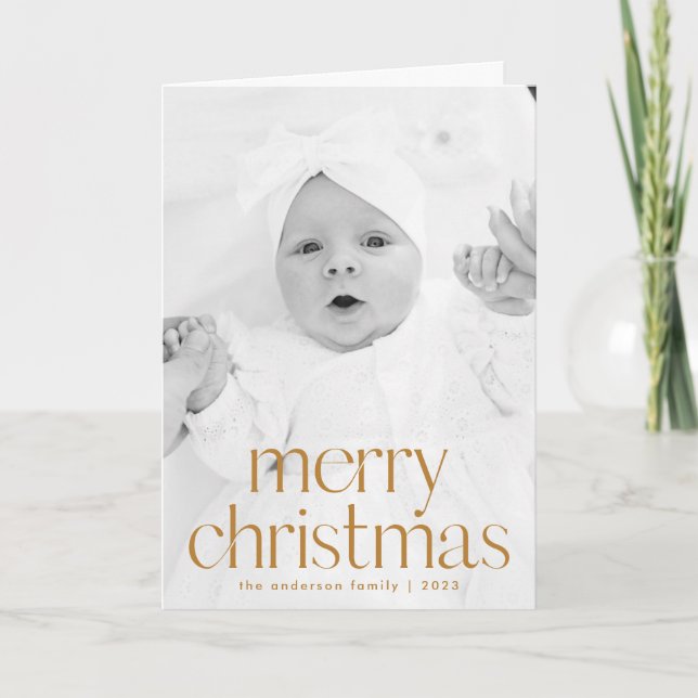Simple Style Gold Merry Christmas 2 Photo Holiday Card (Front)