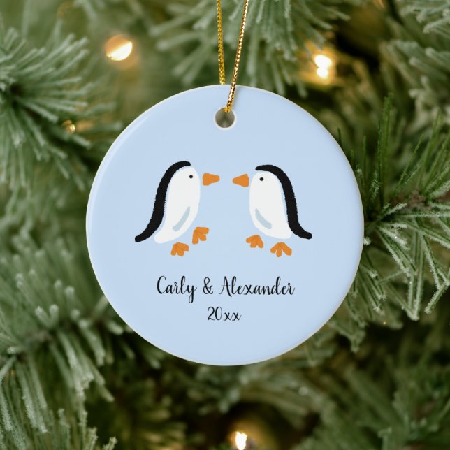 Simple Stylised Penguin Couple Custom Christmas Ceramic Ornament (Tree)
