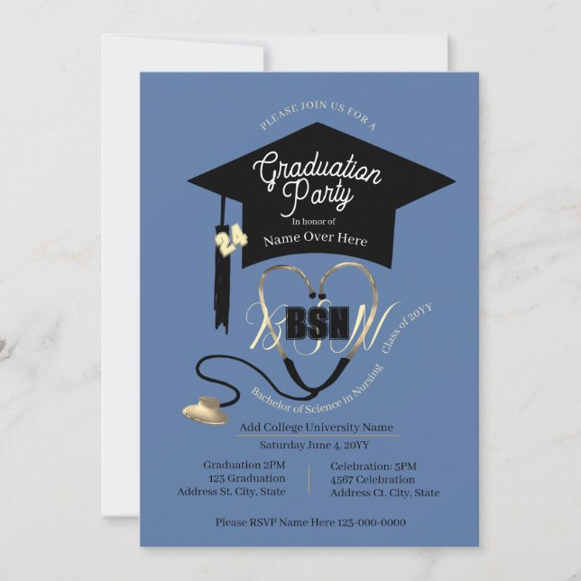 Simple Stylish Blue Editable Nurse Grad Party  Invitation (Front)