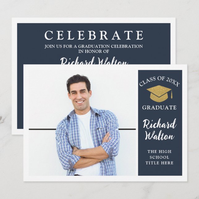 Simple Stylish Blue & Gold Photo Graduation Party Invitation (Front/Back)
