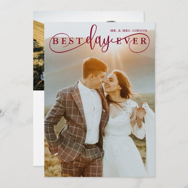 Simple Stylish Burgundy Best Day Ever 2 Photo Thank You Card (Front/Back)