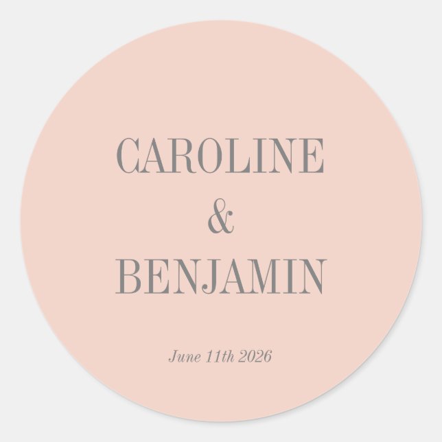 Simple Stylish Elegant Blush Grey Custom Wedding Classic Round Sticker (Front)