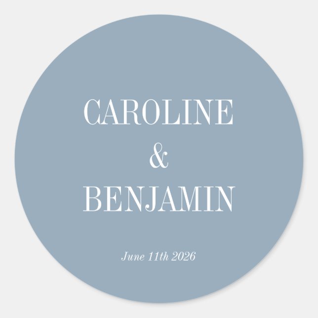 Simple Stylish Elegant Dusty Blue Custom Wedding Classic Round Sticker (Front)