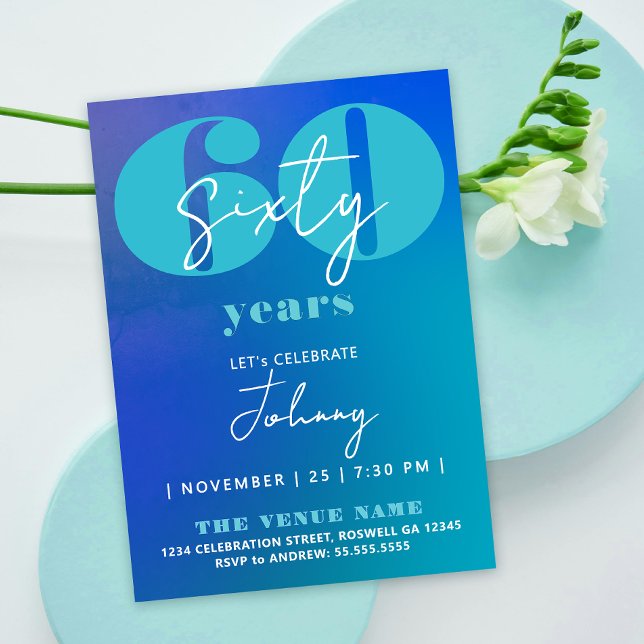 Simple Stylish Fun Blue White 60th Bold Typography Invitation (Creator Uploaded)