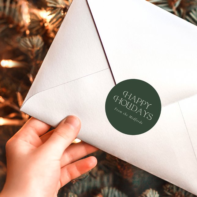 Simple Stylish Happy Holidays | Name | Green Classic Round Sticker (Creator Uploaded)