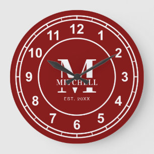 Simple Stylish Maroon Monogram Custom Family Name Large Clock